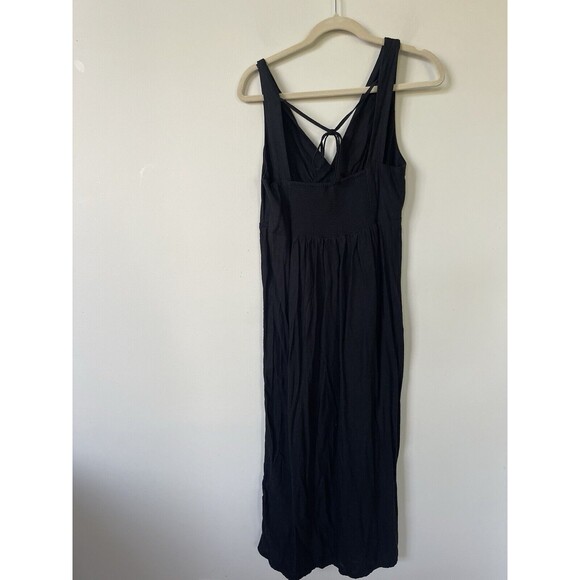 Old Navy Midi Dress Women Linen Blend Classic Black Smocked Back Shift Sz L New - Picture 3 of 10